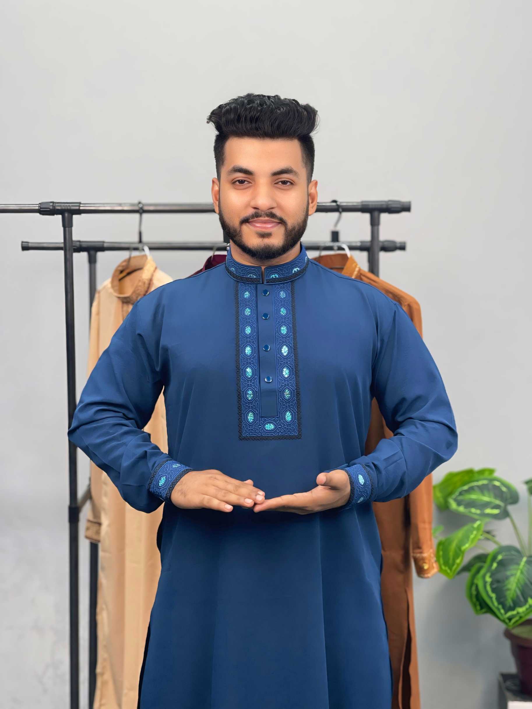 4468.jpg লাক্সারি সিকুয়েন্স কফ হাতা পাঞ্জাবি – ব্লু কালার - Image 1